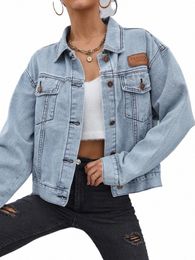 flap Pocket Patched Butt Up Denim Jacket Women Jean Jacket Casual Slim Lg Sleeve Denim Coat oversize Denim Jacket 01dM#