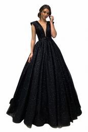 deep V Neckline Evening Dres Sparkly Glitters Bling Sequined Sleevel A Line Formal Party Black Prom Gowns Sweep Train i5xj#