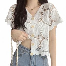 2023 Summer Hook Floral Lace Short Sweaters Woman Korean Butt Knitted Cardigan Coat Women All-Match V-Neck Short Sleeve Blouse o97h#