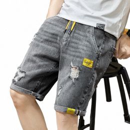 summer Men's Grey Perforated Denim Shorts Korean Fi Slim Elastic Five-piece Jeans Shorts Male Brand Pants 11styles g5xP#