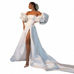 sexy High Slit Satin Wedding Dres with Detacbable Sleeves A-line Strapl Bridal Dr Court Train Couture Mariage r5R9#