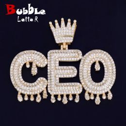 Bubble Letter Custom Name Necklace for Men Personalised Pendant Crown Drippy Charms Cubic Zircon Hip Hop Jewellery Iced Out 240323