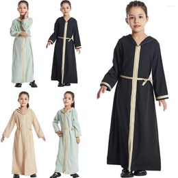 Ethnic Clothing Girls Kids Muslim Abaya Dress Islamic Dubai Solid Colour Gown Children Hooded Eid Ramadan Robe Arab Kaftan