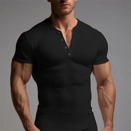 Casual Ribbed Solid Colour Mens T-shirts Leisure O Neck Button Short Sleeve T Shirt Summer Men Sports Fashion Plain Tee Pullovers 240319