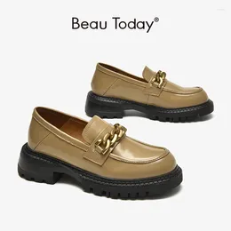 Casual Shoes Loafer Platform Women Cow Leather Metal Chain Round Toe Sewing Slip On Ladies Chunky Heel Handmade BeauToday 27768