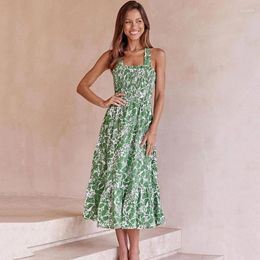 Casual Dresses Ardm Elegant Floral Print Ruffle A-Line Holiday Beach Spaghetti Women 2024 Backless Lace Up Sleeveless Party Midi Dress