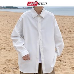 LAPPSTER Men White Solid Vintage Shirts Mens Harajuku Fashion Oversize Shirt Male Black Casual Streetwear Blouses Plus Size 240318