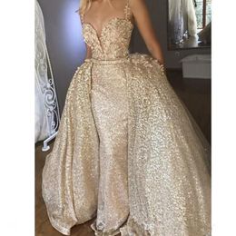 Sparkle Gold Mermaid Evening Dresses with Detachable Train Cheap Sequined Prom Dress 2019 Overskirt Party Gowns Vestidos237H