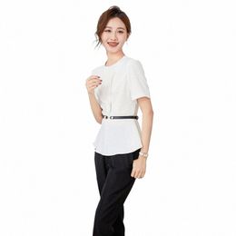 beauty sal hotel frt desk suit short sleeve Jewellery gold shop female work clothes high-end busin wear suit skirt summer 08a7#