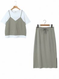 good Quality Plus Size Women's Sets 2023 Summer Block Colour Fake Two Pieces Tops Drawstring High Waist Slit Skirt Suit a3AF#