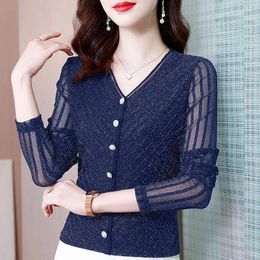 Women's Blouses Spring Autumn Gauze Spliced Shirt Stylish Bright Silk Clothing Elegant V-Neck Chic Pearl Button Slim Solid Color Blouse