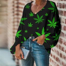 Women's Blouses Cute Green Leaves Pattern Chiffon Blouse Summer 2024 Blusas Woman Casual Loose Long Sleeve Tops V-Neck Ladies Shirts &