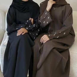 Ethnic Clothing Thin Linen Open Abaya For Women Moon Embroidery Kimono Abayas Muslim Dubai Turkey Luxury Kaftan Hijab Dress Ramadan Islam