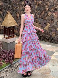 Casual Dresses Summer Holiday Pink Floral Print Chiffon Cascading Layer Long Women Sexy Halter Backless Lace-up Beach Dress