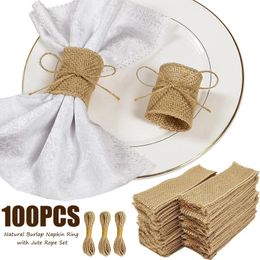 100pcs Natural Burlap Napkin Ring with Jute Rope Set Disposable Napkin Band Bulk Table Decor Wedding Dinner Country Party Decor 240319