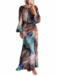 tie Dye Colorful Printed Pleated Women Lg Dr Lantern Sleeve Half Turtleneck Female Dres 2024 Spring Summer Mid Lady Robe r79o#