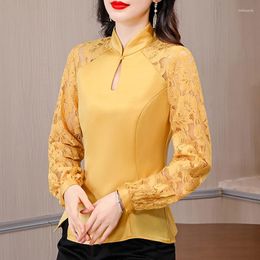 Women's Blouses M-4XL Chinese Style Patchwork Lace Top Spring 2024 Stand Up Collar Women Blouse Slim Long Sleeve Shirt