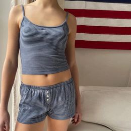 Women's Tracksuits Casual 2 Piece Matching Suit Striped Sleeveless O Neck Cami Tops Shorts Loungewear Comfy Pyjamas Set Women Y2K Retro