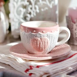 Cups Saucers 250ml Ceramic Tea Cup And Saucer Set Kawaii Bowknot Coffee Dish Pink Wool Knitting Mug Microwave Safe