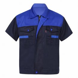 mens Factory Work Shirt Uniform Short Sleeve Turn-Down Collar Workwear Motor Mechanic Repair Workshop Two-pocket T-shirts Tops f2vs#