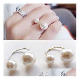With Side Stones European And American Luxury Adjustable Pearl Ring 925 Sier Elegant Double For Drop Delivery Jewelry Dh2Un