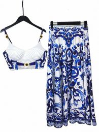 summer Holiday Blue And White Porcelain Two Piece Set Women's Spaghetti Strap Padded Cup Zipper Print Short Top+Lg Skirt Suits V3XL#