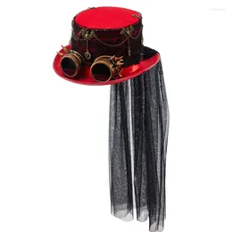 Berets Punk Goggle Hat Red Black Lace Gears Chain Jazz Hats Lolita Retro Top With Veil Halloween Party Carnival Fedora