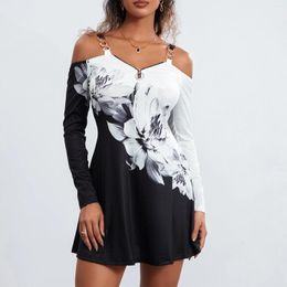 Casual Dresses Women Fashion Printed Mini Dress Long Sleeve Cold Shoulder Zipped Flower Print Fall