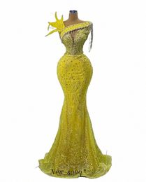 lg Yellow One Shoulder Feathers Mermaid Evening Dres Sparkle Sliver Beaded Tassels Elegant Gowns For Women Wedding Party x2nY#