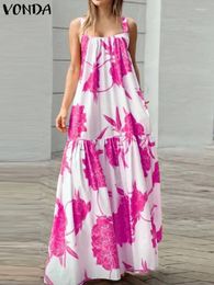 Casual Dresses VONDA Summer Maxi Dress 2024 Women Sexy Straps Sleeveless Long Bohemian Printed Loose Ruffled Beach Vestidos
