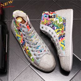 Shoes Green Silver Rhinestone Print Men Flat Shoes HipHop Punk High Tops Sneakers Casual Board Shoes Zapatillas Hombre