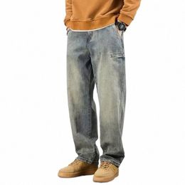 american Casual Denim Pants Solid Colour Retro Wide Leg Straight Mid Waist Pockets Bottoms Loose Fit Jeans Men Clothes S7Iq#