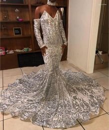 Party Dresses African Black Girl Long Prom Dress Stunning Silver Sequin V-neck Sleeve Mermaid Support Custom