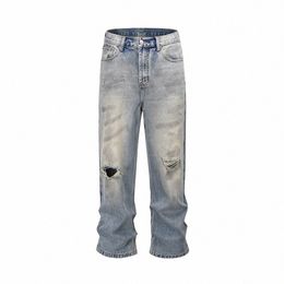 damaged Wed Blue Baggy Jeans for Men Straight Hole Distred Casual Cargo Pants Frayed Streetwear Denim Trousers Oversized x4fg#