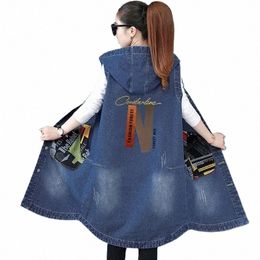 women Lg Denim Vest Coat 2024 Autumn Retro Big Pocket Hooded Sleevel Jeans Jacket Female Print Bomber Windbreaker Waistcoat 095m#