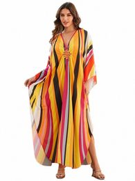 2024 New Summer Yellow Striped Printed Plus Size Dopamine Dr For Women Outfit Causal Lg Sleeve Holiday Maxi Dres Q1588 869W#