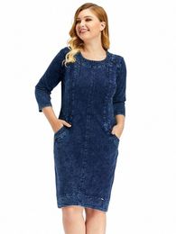 lih HUA Women's Plus Size Denim Dr Round Neck Autumn Chic Elegant Dres For Chubby Women Knitted Cott Dr T4yF#