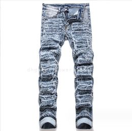 Men's Jeans New 2024 Spring Street Trendy Hole Cut Abrasive White Small Straight Stretch Mid-Rise Jeans Men's Jeans Trendy