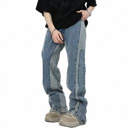 blue Patchwork Design Denim Pants Hip Hop Man Spring Vintage Straight Wed Jeans Male High Street Zipper Split Baggy Trousers Z8qG#