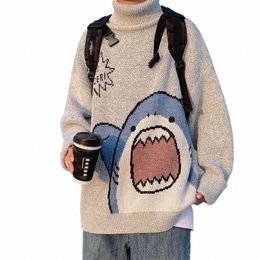 men Turtlenecks Shark Sweater Men 2023 Winter Patchwor Harajuku Korean Style High Neck Oversized Grey Turtleneck For Men D4fK#