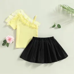Clothing Sets 4-7T Kids Girls Skirt Set Short Sleeve Panel Lace One Shoulder Top Elastic Waist Pleated A-Line