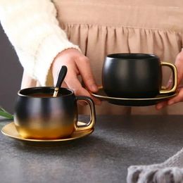 Cups Saucers Home Office Gift Ceramic Mugs Coffee With Saucer And Spoon 280ML Simple Black Colour Mug & Set