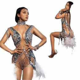 new Sequins Fringed Ball Bodysuit Sexy Perspective Mesh Clothing Women Festival Outfit Nightclub Ds Dj Gogo Dance Costume SL7256 h25A#