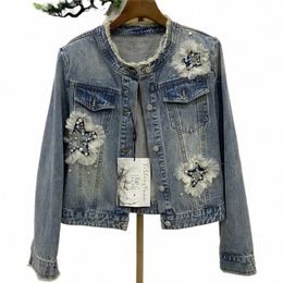 denim Jacket for Women's Spring Autumn 2024 New Heavy Industry Beading Jeans Coat Fi O-neck Short Outerwear Female J3Iw#