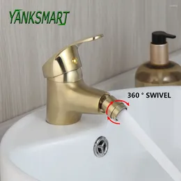 Bathroom Sink Faucets YANKSMART Brushed Gold Faucet Solid Brass Bidet Basin Deck Mounted Washbasin Torneira Mixer Water Tap