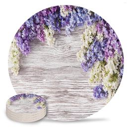 Table Mats Purple Lilac Flower Wooden Board Coasters Ceramic Set Round Absorbent Drink Coffee Tea Cup Placemats Mat
