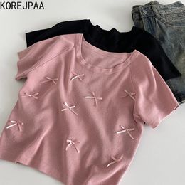 Women's T Shirts Korejpaa Fashion Solid Sweet Bow Patchwork Knit Pullover 2024 Spring Korean Clothing Short Sleeve Tops