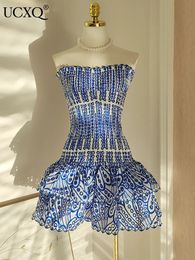 UCXQ Retro Blue Printed Hollow Out Design Slim Fit Ruffles Patchwork Strapless Sleeveless Dress Beach Holiday Dresses Autumn 240320