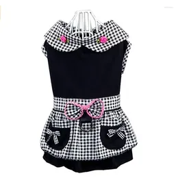 Dog Apparel Dresses Black Plaid Clothes Built-in Harness Dress For Dogs Soft Rose Bowknot