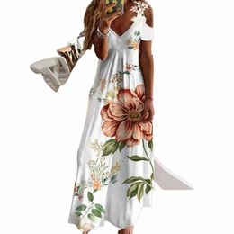 plus Size Women Floral Print Maxi Dr Boho Lace Sling Hollow Out Lg Dr Casual Loose V-Neck Beach Party dr Vestidos 56lk#